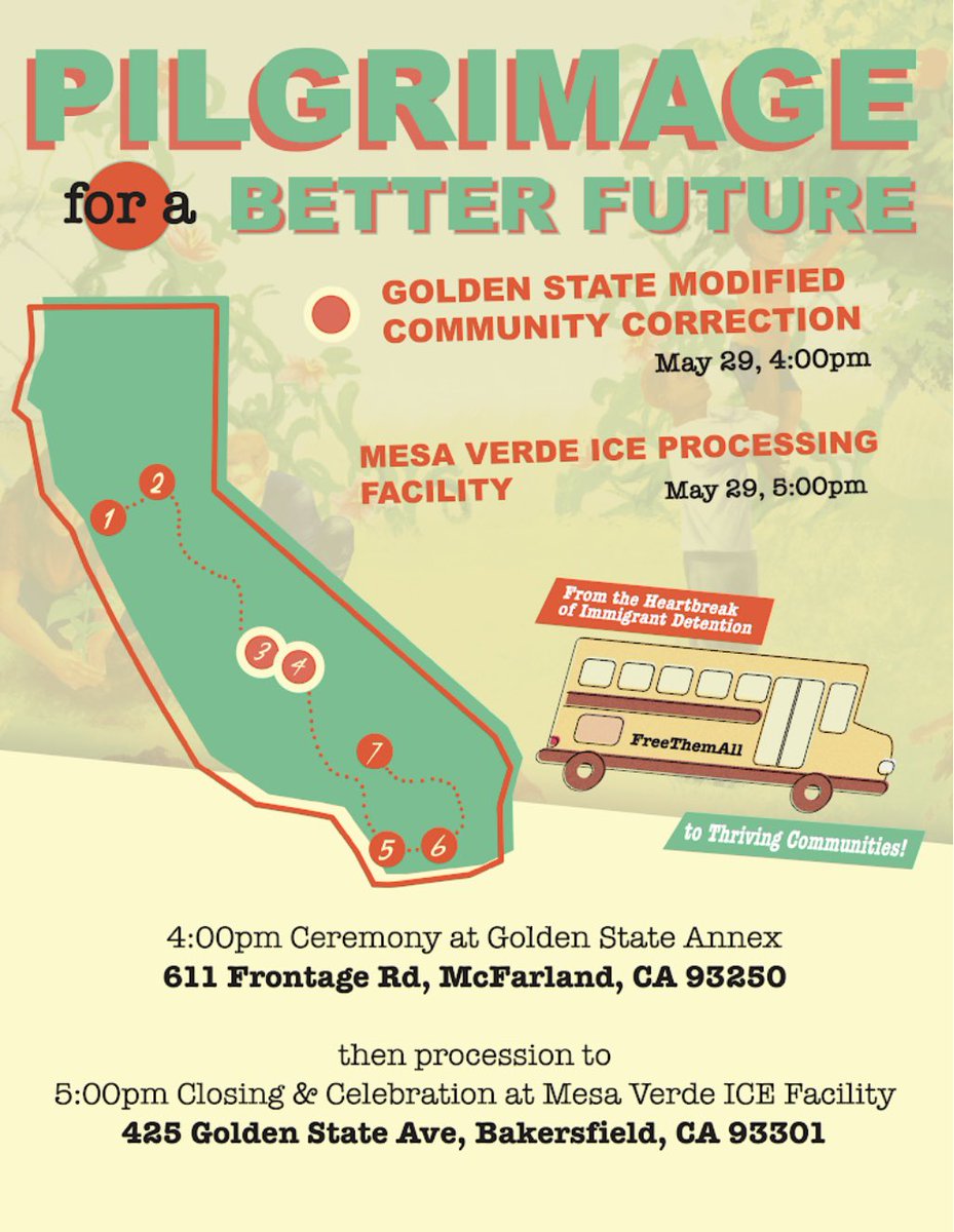 Join us in welcoming the @im4humanintegrity 2022 Pilgrimage which is making stops at immigration detention centers through the state. They will be stopping at Golden State Annex in McFarland and Mesa Verde in Bakersfield on Sunday, May 29.
#endicedetention #freethemall
