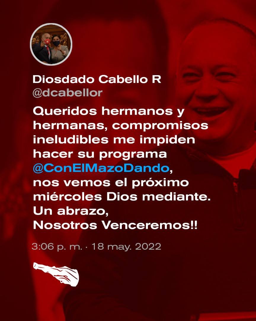 luiscarrillo66's tweet photo. 🔴 #ATENCIÓN 🔴

#TuitDelCapitán | Compromisos ineludibles impiden hacer su #Programa387 de #ConElMazoDando este miércoles.

¡Nos vemos el próximo, Dios mediante!
@dcabellor @luiscarrillo66 

#VenezuelaTierraFértil https://t.co/sOK36gAyBG