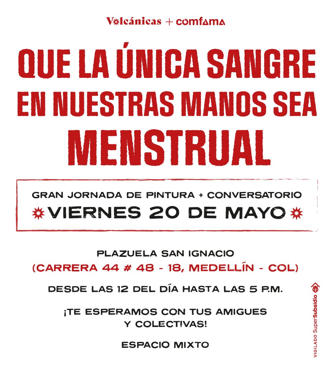 Comfama's tweet photo. No, la sangre menstrual no es sucia. Sí, la menstruación es un asunto de todos. No, no menstrúan solo las mujeres 🏳️‍🌈. Sí, mínimo una vez en la vida hemos escuchado un mito sobre el ciclo menstrual. No, ¡no te puedes perder esta jornada de activismo, diálogos, pintura y encuentro! https://t.co/rtIrVrsk4y