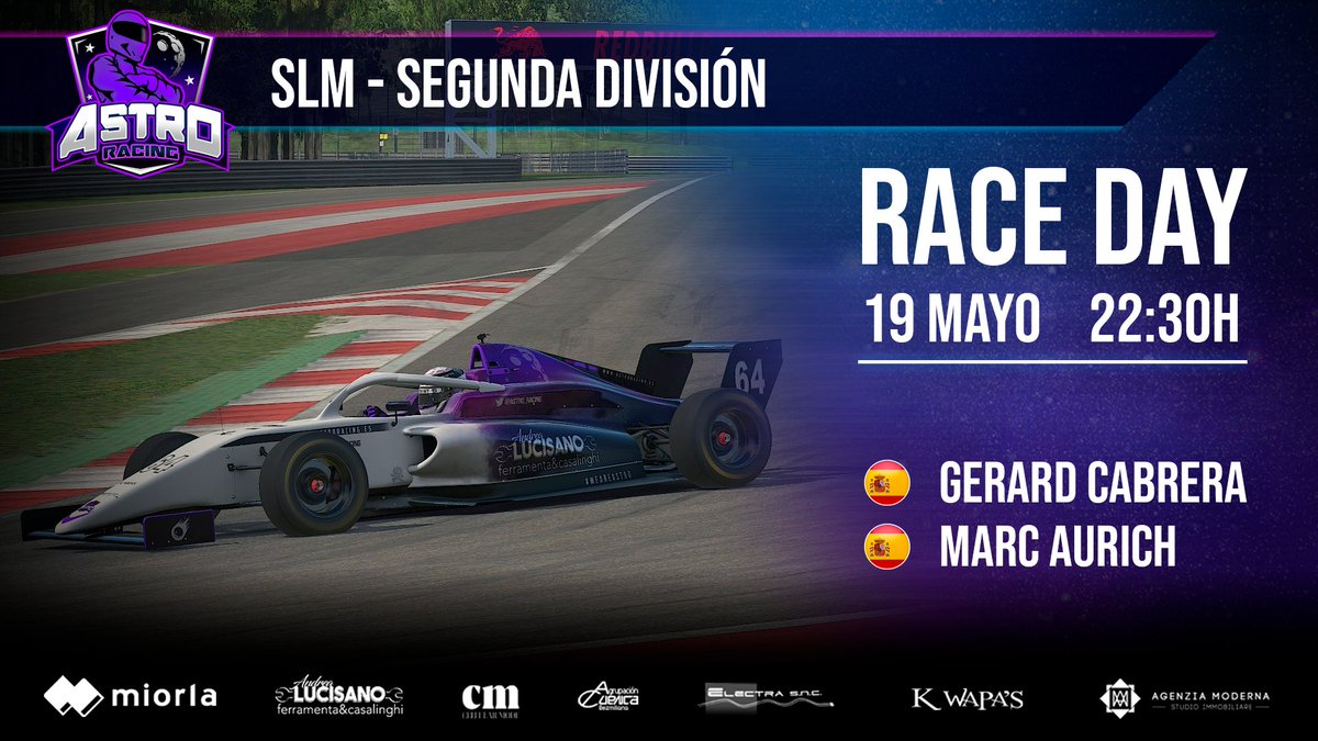 ¡DIA DE CARRERAS! 🏁

Primera carrera de la SLM 2ª Div en el circuito de  #RedBullRing, preparad algo de picoteo que se viene carreron! 🍿

📌 Red Bull Ring, 🇦🇹
👤 <a href="/GerrardCH/">G.C.H</a> <a href="/AurichMarc/">Marc Aurich</a>
⏰ 22:30H 🇪🇦 | 17:30H 🇦🇷 | 16:30 🇨🇱 | 15:30H 🇲🇽/🇨🇴
📺 twitch.tv/driversparadec…

#WeAreAstro 👽
