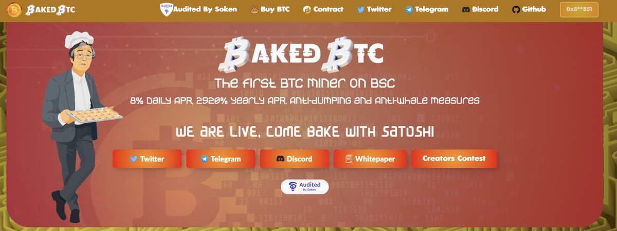 BakedBTC's tweet photo. 📢 We are officially live 📢

💸 8% Daily APR
💰 8% Referral Fee
✅ Audited by Soken

#BakedBTC #Miner #BSC #BSCGems #BSCGemsx100 https://t.co/mrvAvw2R6s