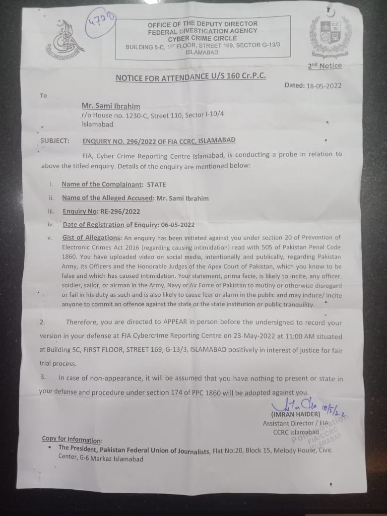 RT @samiabrahim: Another notice from FIA..clear violation of Islamabad high court orders https://t.co/mwBvJUw78L