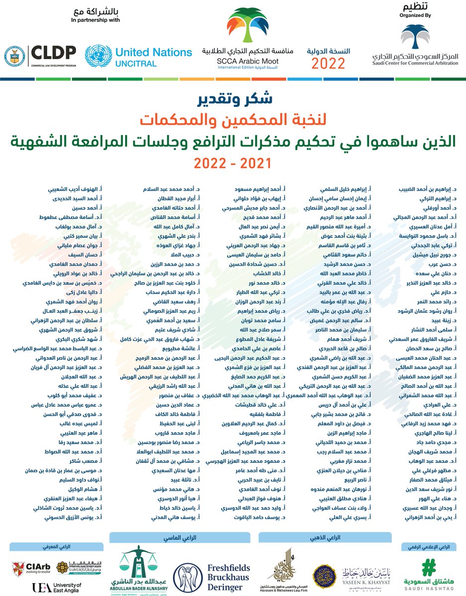 شكرا لنخبة المحكمين والمحكمات،
164 محَكَّما ومُحَكَّمة من 14 دولة،
الذين أثْروا المنافسة بتقييم مذكرات الترافع، والتحكيم في 115 جلسة مرافعة شفهية، وإثراء الطلاب والطالبات خلالها. 

#منافسة_التحكيم_التجاري_الطلابية 3⃣ (النسخة الدولية)