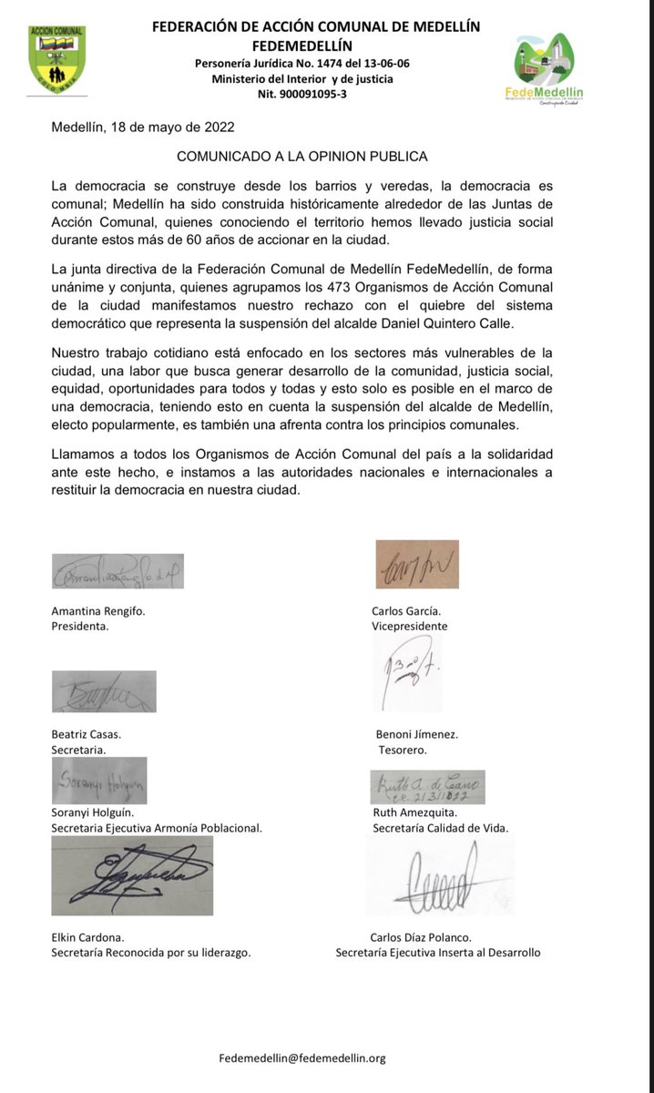 QuinteroCalle's tweet photo. La Federación de Juntas de Acción Comunal de Medellín y sus 470 afiliados se unen a la defensa de la democracia. Piden la salida del impostor y la restitución inmediata del Alcalde que eligió la ciudad. https://t.co/Qt9uyE0Rkz