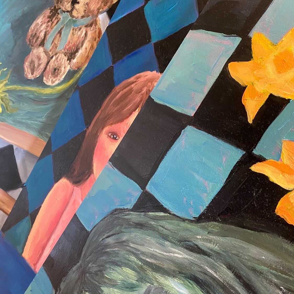 Quindecium15's tweet photo. Tara’s Takeover 
I expand the themes of ‘the self’ in this series, being raised in an unhealthy environment, and thus the impact of how it acts as the shaping of a child’s world view and their mental wellbeing from childhood into adulthood.

#art #painting #quindeciumexhibition https://t.co/tSxvrTPcOY