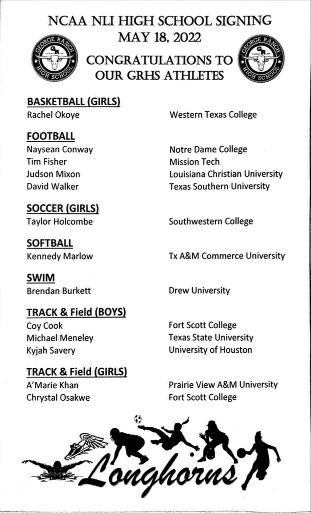 Congratulations to these outstanding athletes for committing to take their sport to the collegiate level! We are proud of you and excited to watch you compete at the next level! <a href="/GRHSABC/">GRHS ABC</a> <a href="/WeAreGRHS/">@WeAreGRHS</a> <a href="/lcisdathletics/">LCISD ATHLETIC DEPT.</a> <a href="/Duns_more/">Ryan Dunsmore</a> <a href="/fbheraldsports/">Fort Bend Herald sports</a>