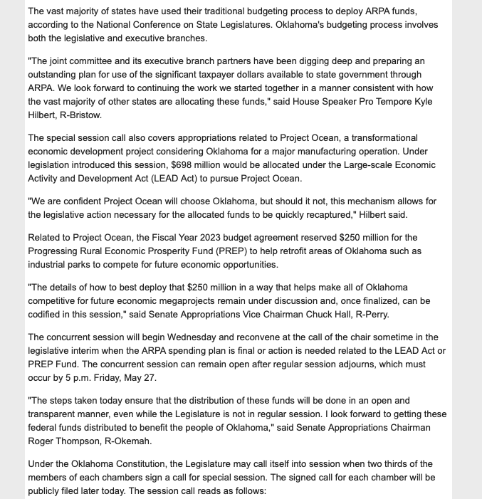 pmonies's tweet image. INBOX: Oklahoma Legislature to call special session to start Wednesday to take back some control over the direction of $1.8 billion in spending under the American Rescue Plan Act. 

Some background on the @OklahomaWatch lawsuit over ARPA applications: 

oklahomawatch.org/2022/04/26/okl…