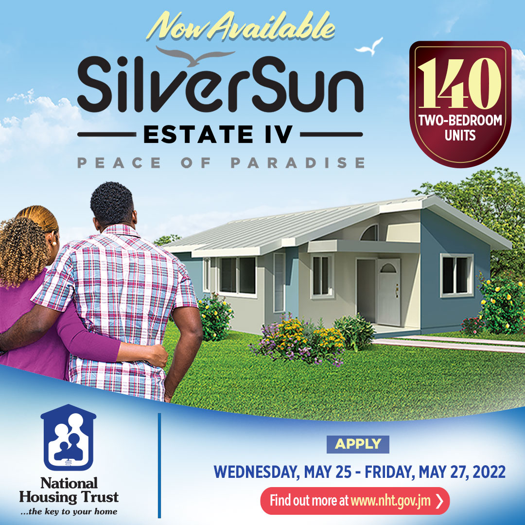 The NHT invites qualified contributors living or working in the Corporate Area and St. Catherine, to apply online at nht.gov.jm between Wednesday, May 25 - Friday, May 27, 2022 for 140 two-bedroom units at SilverSun Estate IV, in St. Catherine.