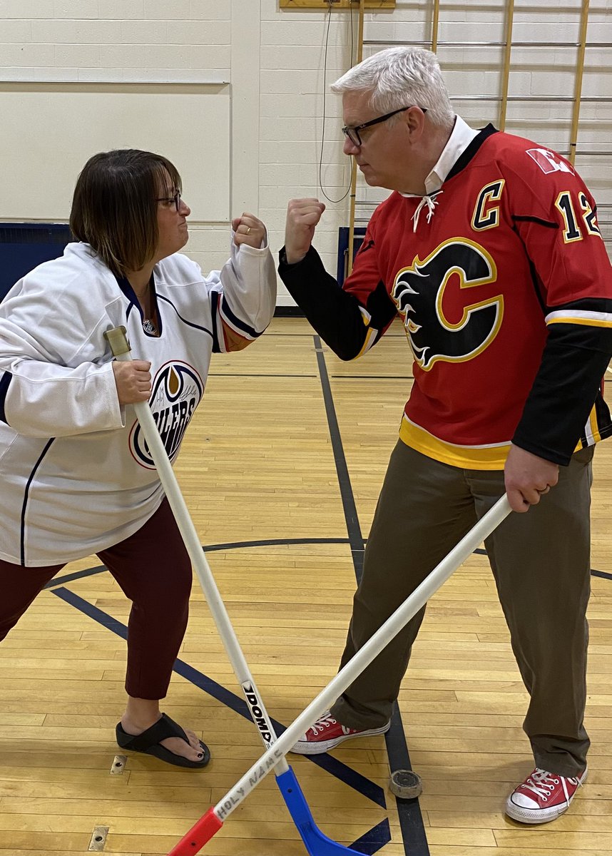 What do you when the Principal is a Flames fan and the Admin Secretary is an Oilers fan? You get ready to bring it! @CCSD_edu <a href="/NHLFlames/">Calgary Flames</a>