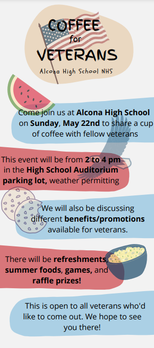 AlconaTigers's tweet photo. Don't forget to remind your veteran family members, friends and neighbors about the National Honor Society's Coffee for Veterans event THIS SUNDAY, May 22nd from 2-4pm in the auditorium lobby. https://t.co/TZvsQUt1lP