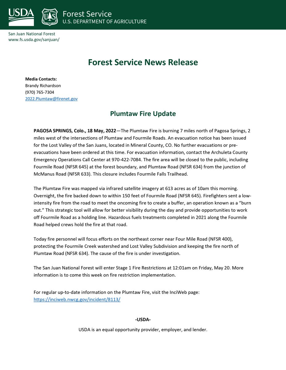 #PlumtawFire was mapped at 613 acres at 10am and 0% containment. Fire personnel are focusing efforts on the NE corner near Fourmile Rd, protecting the Fourmile Creek watershed and Lost Valley Subdivision and keeping the fire N of Plumtaw Rd. More info: tinyurl.com/295k2jmu