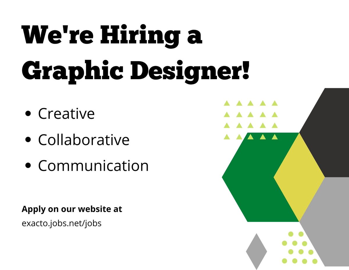 ExactoLLC's tweet photo. Are you creative? Do you love using Adobe programs? Then check out our Graphic Designer opening! Apply on our website at https://t.co/L3haO0zQZZ #graphicdesigner #jobopening #hiring #adobecreative https://t.co/EmeUaDvcxM