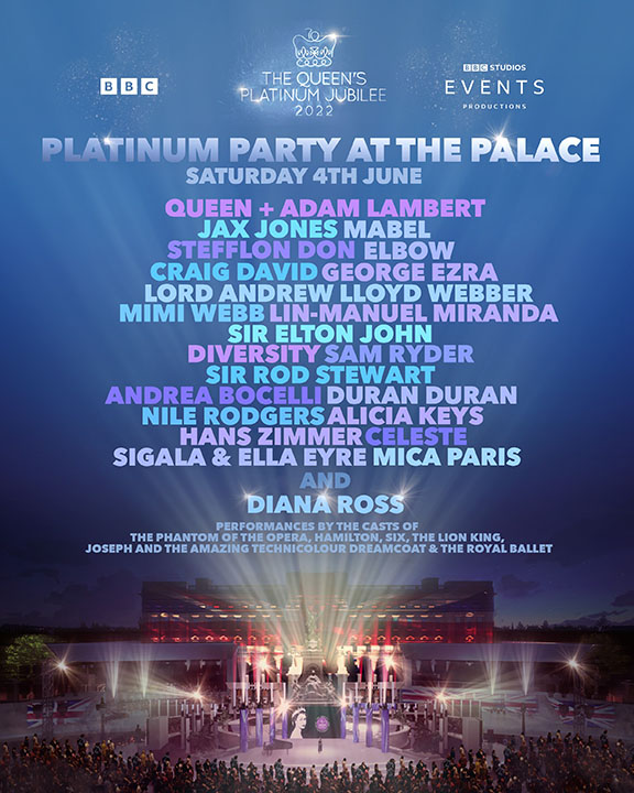 brianmaycom's tweet photo. PRESS RELEASE: LINE-UP REVEALED for @BBC's Platinum Party at the Palace. 
- @QueenWillRock  + @AdamLambert  to open concert and @DianaRoss to close the show. 
- An eclectic evening of entertainment... 
READ ON:
https://t.co/CU5r4esait https://t.co/OfLB7gYplZ