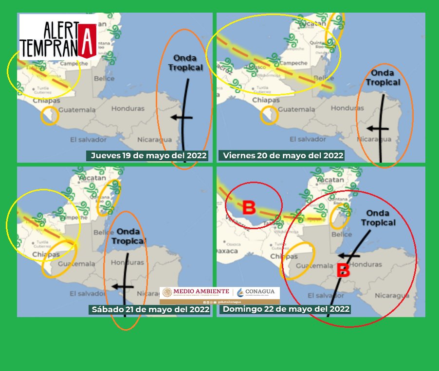 AlertaGt502's tweet photo. Actualización Miércoles 18/05
La Conagua mantiene vigilancia a la #OndaTropical1 con desarrollo a Sistema de Baja Presión sobre El Salvador y Honduras el sábado 21 con rumbo a Guatemala
Acumulados totales de 75 hasta 250 se esperan en  varios puntos de Centroamérica 
#TemporalGt https://t.co/zXCtOeI6Sh