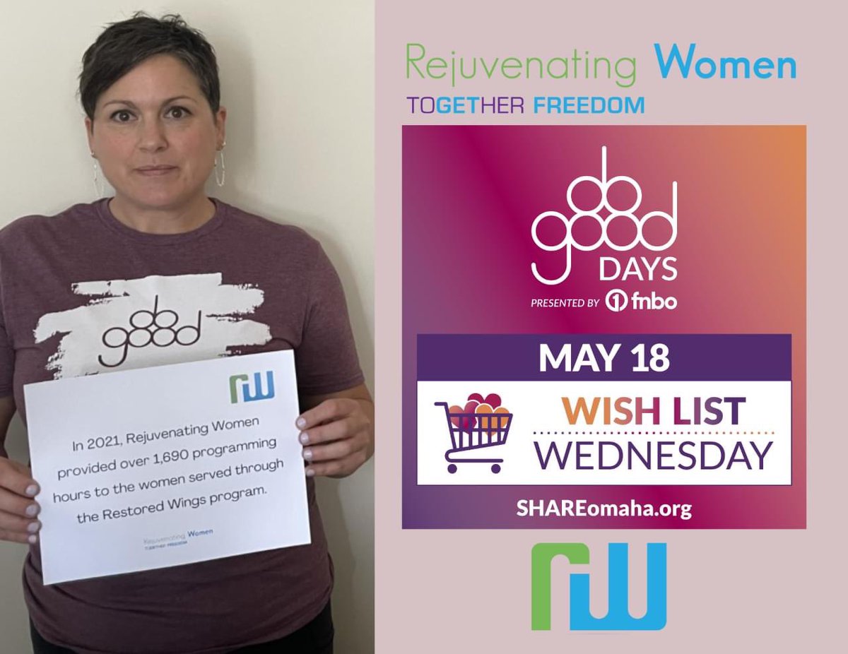 RestoredWings's tweet photo. By shopping for Rejuvenating Women on @SHAREomaha Wish List Wednesday you are helping provide for the women we serve. We are proud to say that in 2021 the residents received over 1,690 of programming hours! To shop please visit, https://t.co/R3oMnjMCIu
#SHAREomaha #DoGoodWeek https://t.co/PW91tRWiCn