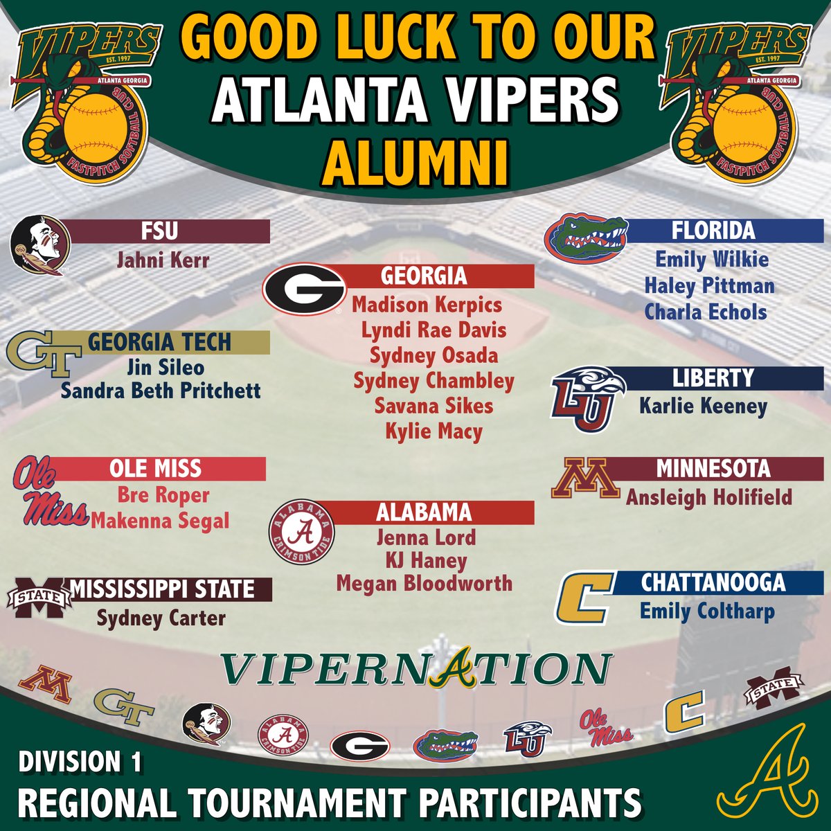 thevipernation's tweet photo. Good luck to all of our Viper Alumni as they start their journey to the 2022 Women's College World Series!
#vipernation https://t.co/iJQemwS2sk