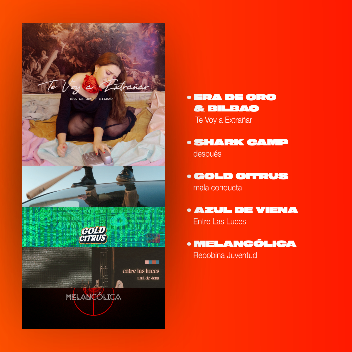 Nuevos lanzamientos de la semana: <a href="/eradeoro_/">Era De Oro</a> &amp; <a href="/SomosBilbao/">Bilbao</a>, <a href="/sharkcampband/">Shark Camp</a>, <a href="/goldcitrusgang/">la GCG 🧃</a>, <a href="/azuldeviena/">azul de viena</a>, <a href="/MelancolicaMx/">Melancólica MX</a>.  #AmplificaTuMusica