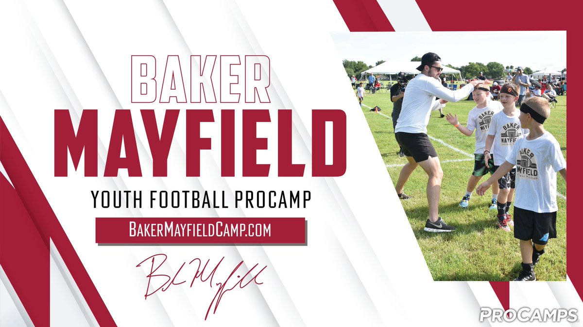 bakermayfield's tweet photo. If you haven’t already heard, my Youth Football @ProCamps is back in Norman this summer! I’m excited to hit the field with #SoonerNation Reserve your spot at https://t.co/dNWlaDqgJ8 #Boomer https://t.co/HcRvAR8Bg0