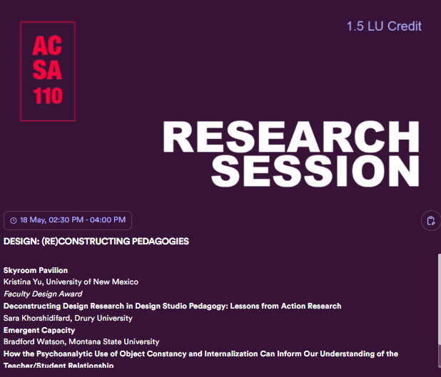 At the ACSA110 virtual conference: The post-pandemic transition back to the f2f studio is an opportunity to reshape #archstudio culture by reflecting on the good and the bad learned from remote studio learning/teaching. @ACSAUpdate