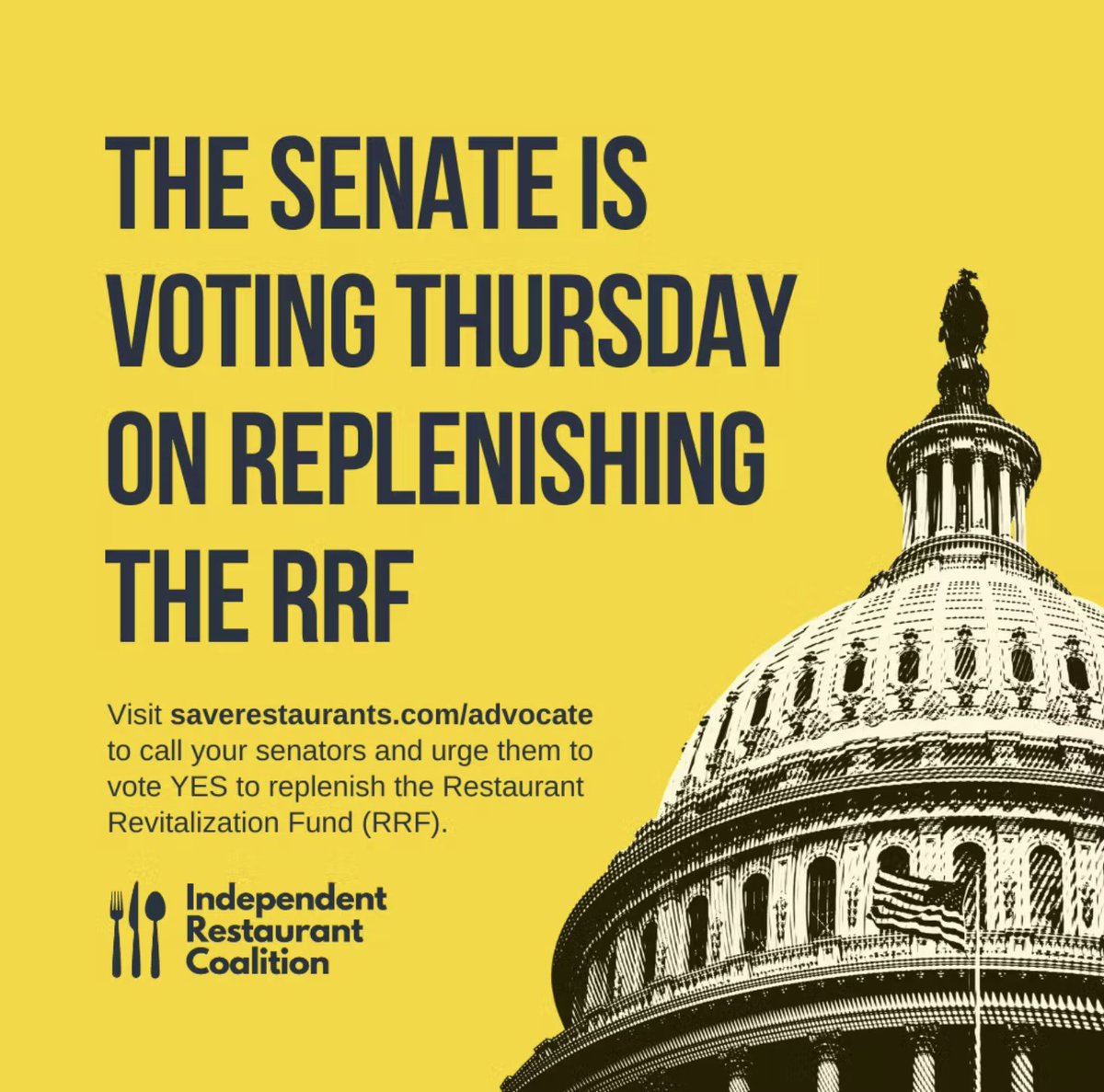 I'm asking you to make one more phone call or fill out one more very easy form 👉 saverestaurants.com/email-congress/ 

Tomorrow the Senate is set to vote on federal relief for restaurants. PLEASE contact your senators and urge them to vote YES. #ReplenishRRF <a href="/IndpRestaurants/">Independent Restaurant Coalition</a>