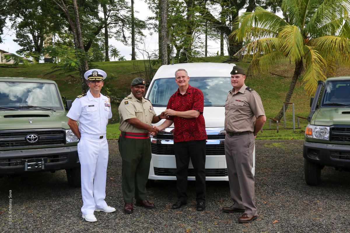 USEmbassySuva's tweet photo. 🇺🇸🤝🇫🇯 Chargé d’Affaires Tony Greubel donated 4 vehicles worth approximately FJ$487,000 (US $224,000) to @Rfmf_Media. These donations are part of the broader U.S.-Fiji security cooperation that promotes regional peace and stability. #USwithFiji 
Read more: https://t.co/41WQi0bWPl https://t.co/JEF1zg6s3o