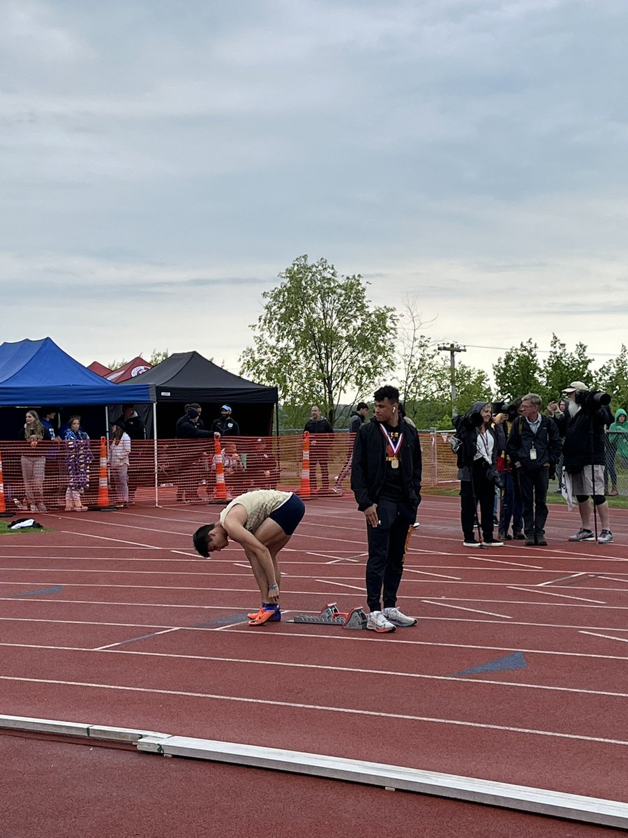 North Catholic’s Trevor Paschall (UNC recruit) injured his hamstring while crossing the finish line after winning the 100 meter finals, but he still stuck around to hold blocks for his good friend Guinness Brown (Duke recruit) for Brown’s gold-medal winning 400-meter final: