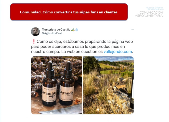 En la presente edición del único título de posgrado especializado en #comunicación agroalimentaria <a href="/EUCAgro/">Comunicación Agroalimentaria</a>, he actualizado los ejemplos de mi clase incluyendo a dos agricultores: <a href="/Tomy_Rohde/">Tom</a> y <a href="/AgricultorCast/">Tractorista de Castilla 🚜💨</a>. Explico las claves de éxito de su "no-marketing" en la era digital.