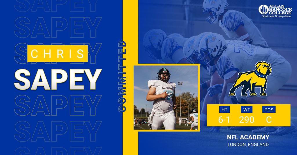#AGTG Blessed to announce that I have committed to continue my academic and football career at <a href="/HancockCollege/">AllanHancockCollege</a> . I would like to thank <a href="/CoachPomfret/">Mike Pomfret</a> for the opportunity to come to America and prove I can play at the next level. <a href="/NFLAcademy/">NFL Academy</a> <a href="/Coach_Gavin_OL/">Gavin Collins</a>