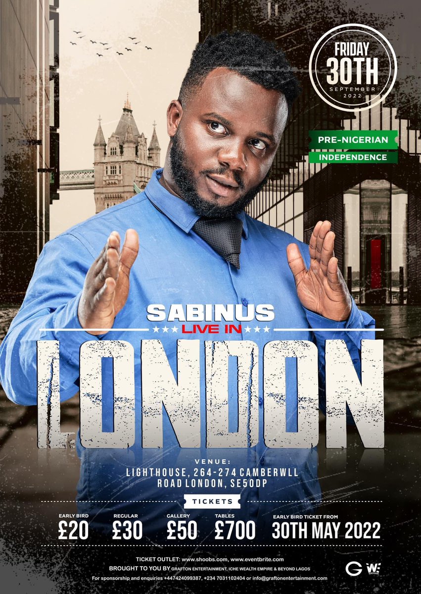 My London people I will be live in London with something huge on friday 30th Sept 2022 at the Lighthouse Event center Camberwell London SE5 0DP. It will be a night of comedy and music. Early bird tickets avail on the 30th May 2022. shoobs.com eventbrite.com