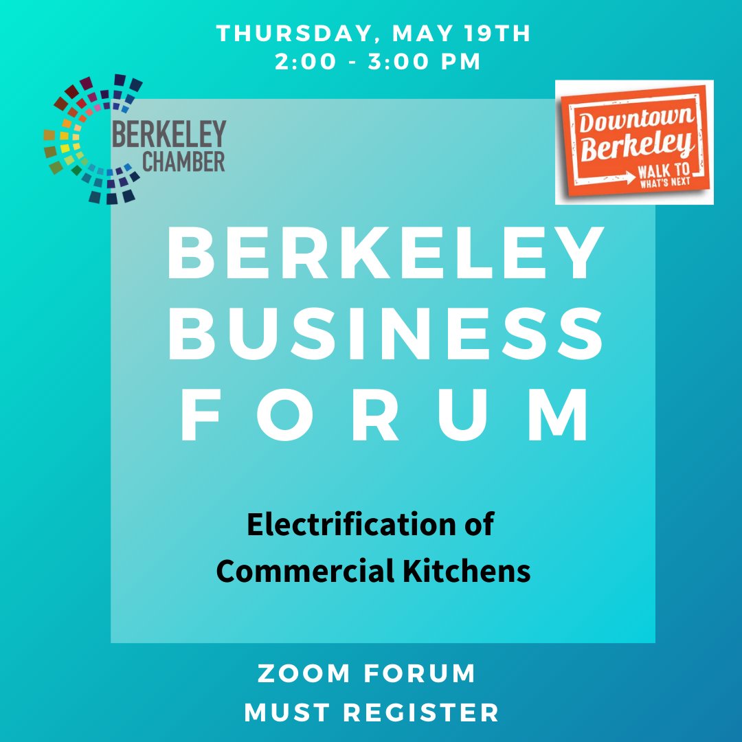 weBerkeley's tweet image. Join the Berkeley Chamber and DBA on Thursday May 19th for a forum on the electrification of commercial kitchens. To register: us06web.zoom.us/meeting/regist…