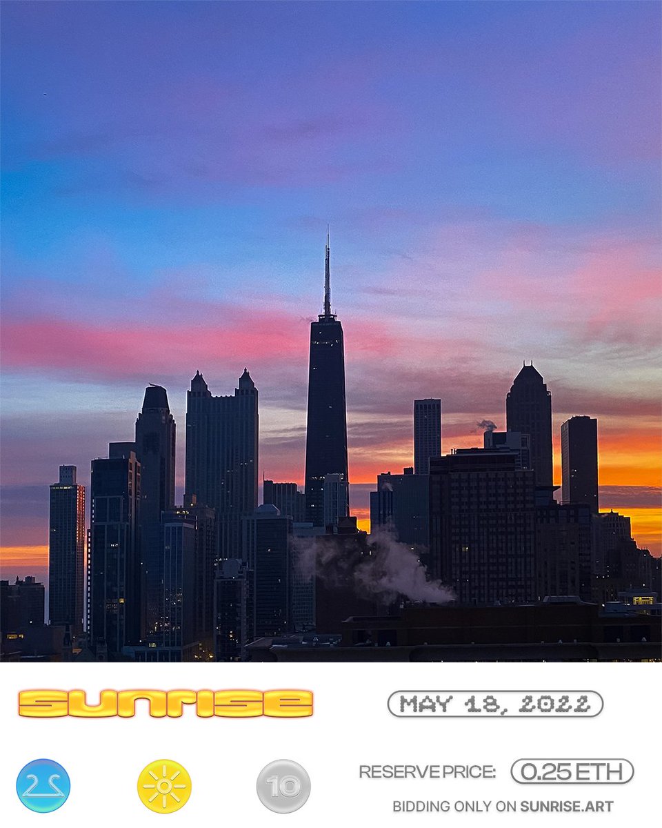 SunriseArtClub's tweet photo. May 18 πβ¨
Bid on https://t.co/2MMSyzQvdK
Reserve: 0.25 $ETH + gas
#SunriseArtClub #SunriseNFT #WeRiseBetterTogether #ilovesunriseart #chicago #sunrise https://t.co/MzlLX07trq
