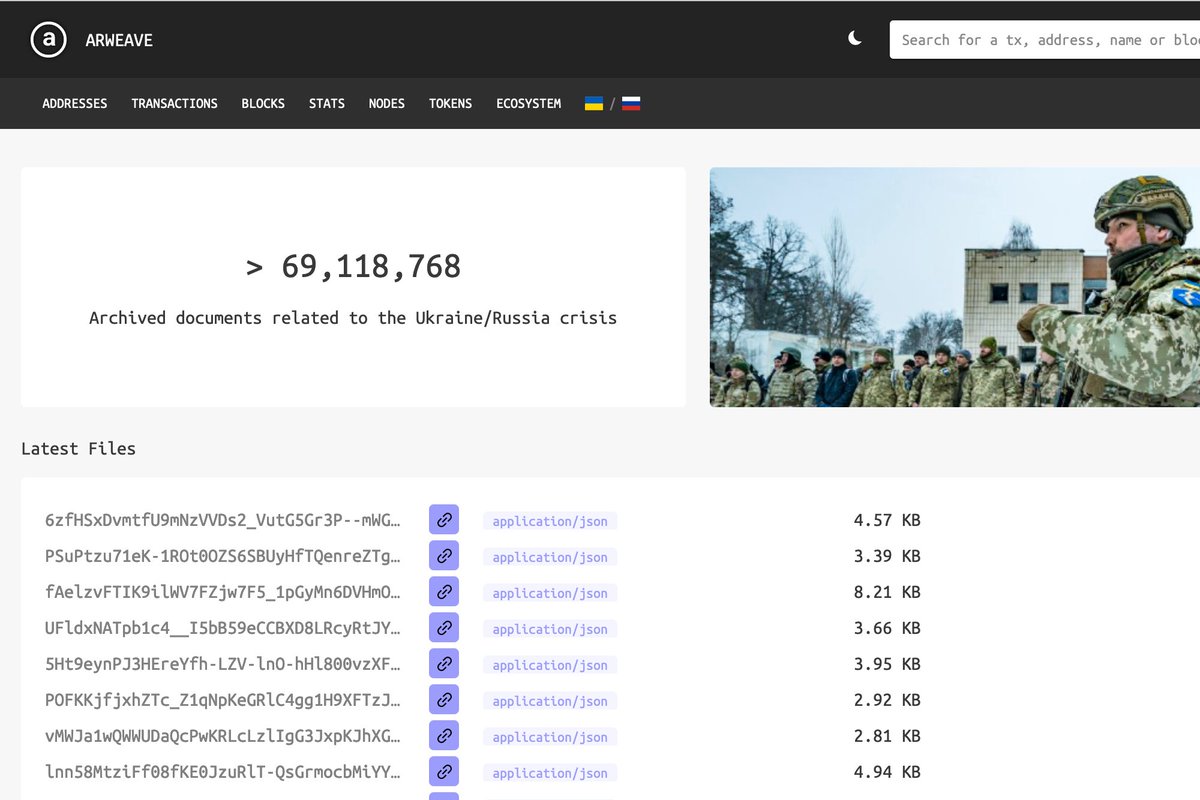 samecwilliams's tweet photo. Almost 70 million documents about the war in Ukraine have now been permanently stored in the Arweave network.

These records are stored in hundreds of places across the world, backed by an endowment, with no centralized points of failure.

Blockchains are not just for finance. https://t.co/EjYVIYd5PF