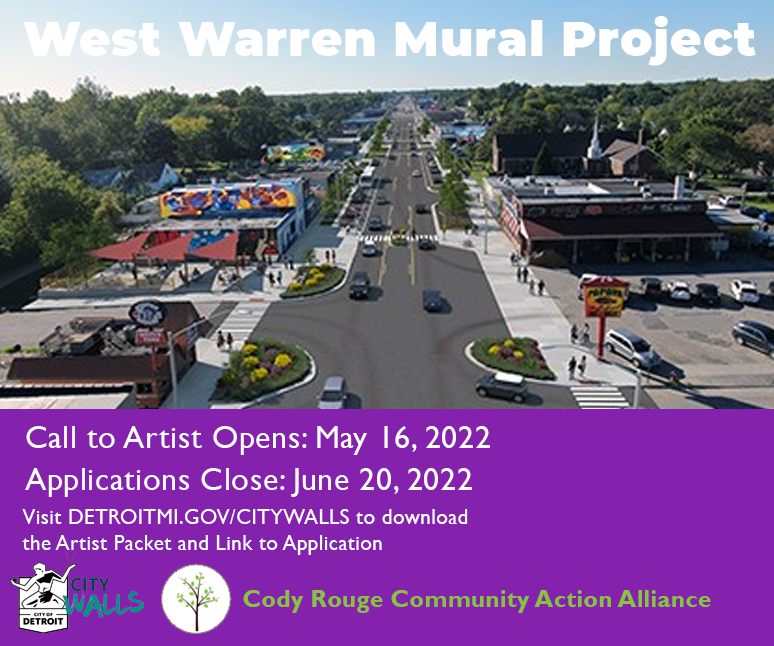 As part of <a href="/CityofDetroit/">City of Detroit</a>'s Strategic Neighborhood Fund work in Warrendale/Cody Rouge in District 7, City Walls #Detroit and the <a href="/CodyRougeCAA/">Cody Rouge C.A.A</a> are seeking artists or teams to create murals along West Warren. #Artists will be paid. For info or apply, go to 
detroitmi.gov/departments/ge…