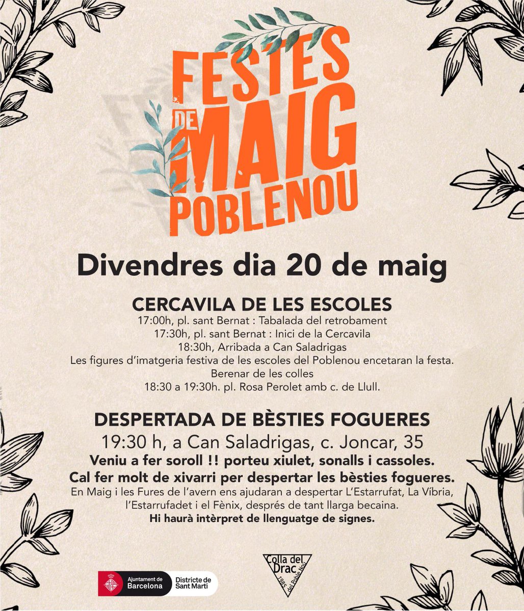 DESPERTEM LES BÈSTIES FOGUERES
Divendres, 20, 19:30h. Veniu amb sonalls, timbals, xiulets... a despertar el Drac, la Víbria, el Drac Petit i el Fènix.  A les 19:30h, davant de Can Saladrigas 
#Poblenou #festesdemaig2022
info:  dracpoblenou.cat/festes-de-maig…