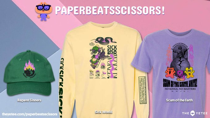 NEW! Having trouble finding gear that's RUDE enough to match your attitude? The newest drop of merch designed by @paperbeatstweet has got your back. Find salvation with the other sickos with a the new collection available for pre-order in the Yeteemart! https://t.co/uMXD7DLv4q 