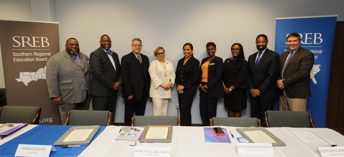 srebeducation's tweet photo. Historic moment: #HBCU presidents and leaders signed the SREB HBCU-MSI Course-Sharing Consortium agreement today in Atlanta. How this partnership will help more students succeed: https://t.co/8zjHTAWir8 @BenedictEDU @FVSU @AlbanyStateUniv @du1869 @MilesCollege @SEArkCollege1 https://t.co/REM2N5H5Ql