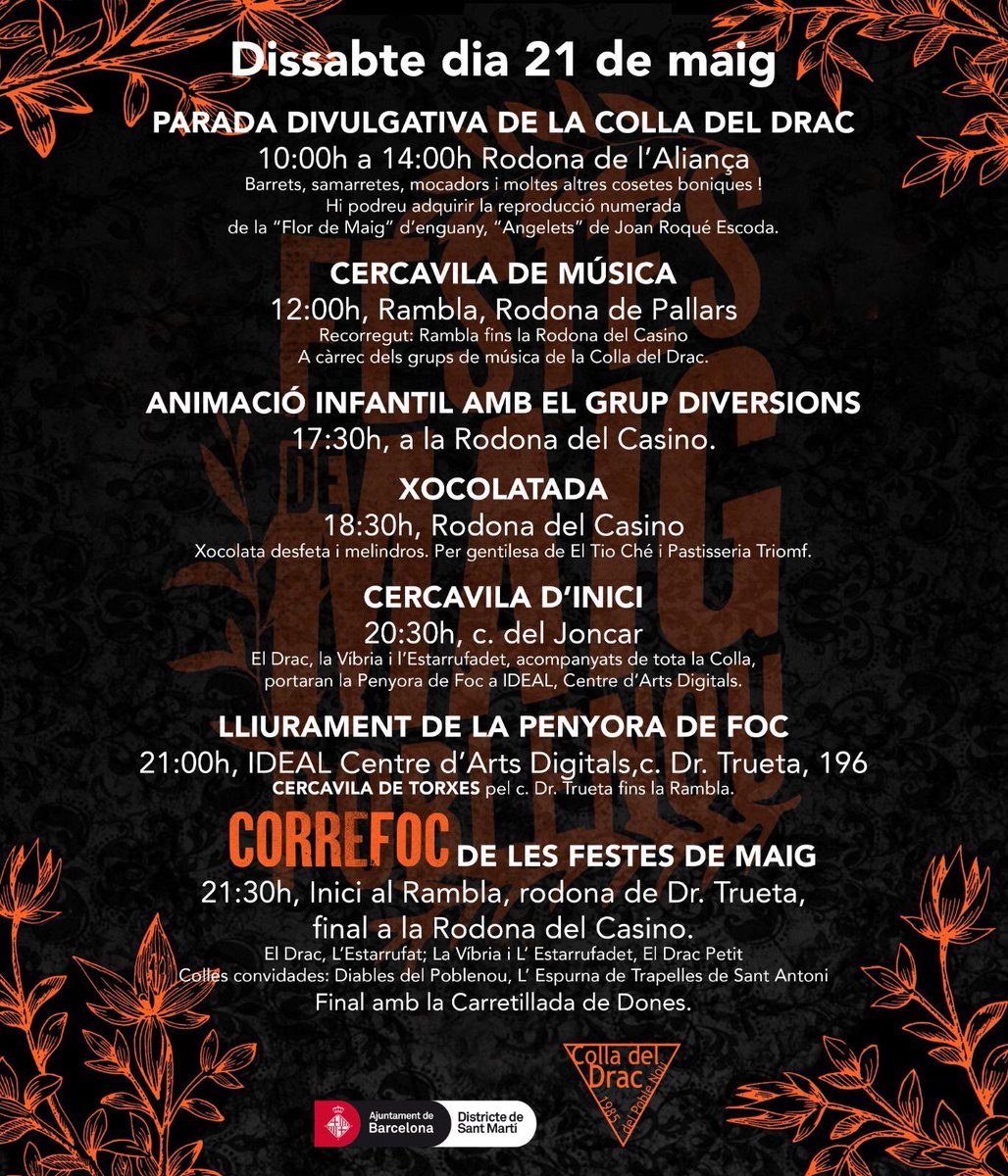 CARCAVILA, MÚSICA, XOCOLATA DESFETA... I CORREFOC!
Dissabte, 21 a la Rambla del #Poblenou 
Info: dracpoblenou.cat/festes-de-maig…
#festesdemaig2022