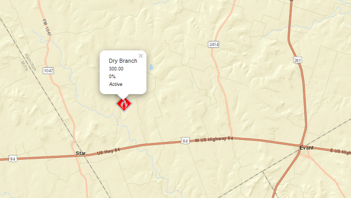 AllHazardsTFS's tweet photo. Alert: Texas A&M Forest Service is responding to a request for assistance on the #DryBranchFire in Hamilton County. The fire is an estimated 300 acres and 0% contained. #txfire https://t.co/hp7kcjmkpC