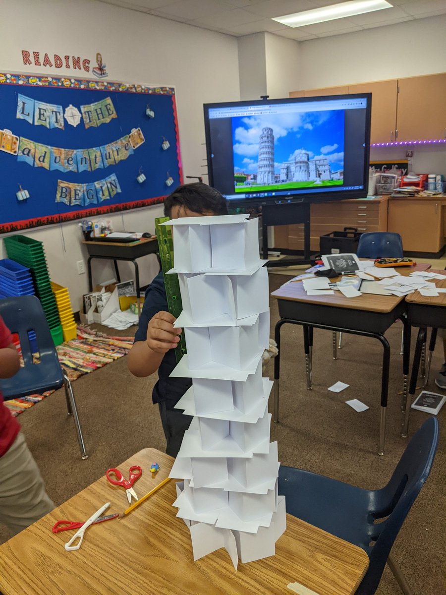 4th grade @TigerNetwork began their trip around the world today! 🌎 We read about Italy and the Leaning Tower of Pisa and were challenged to build a tower out of index cards! 🇮🇹 Where will we go next??