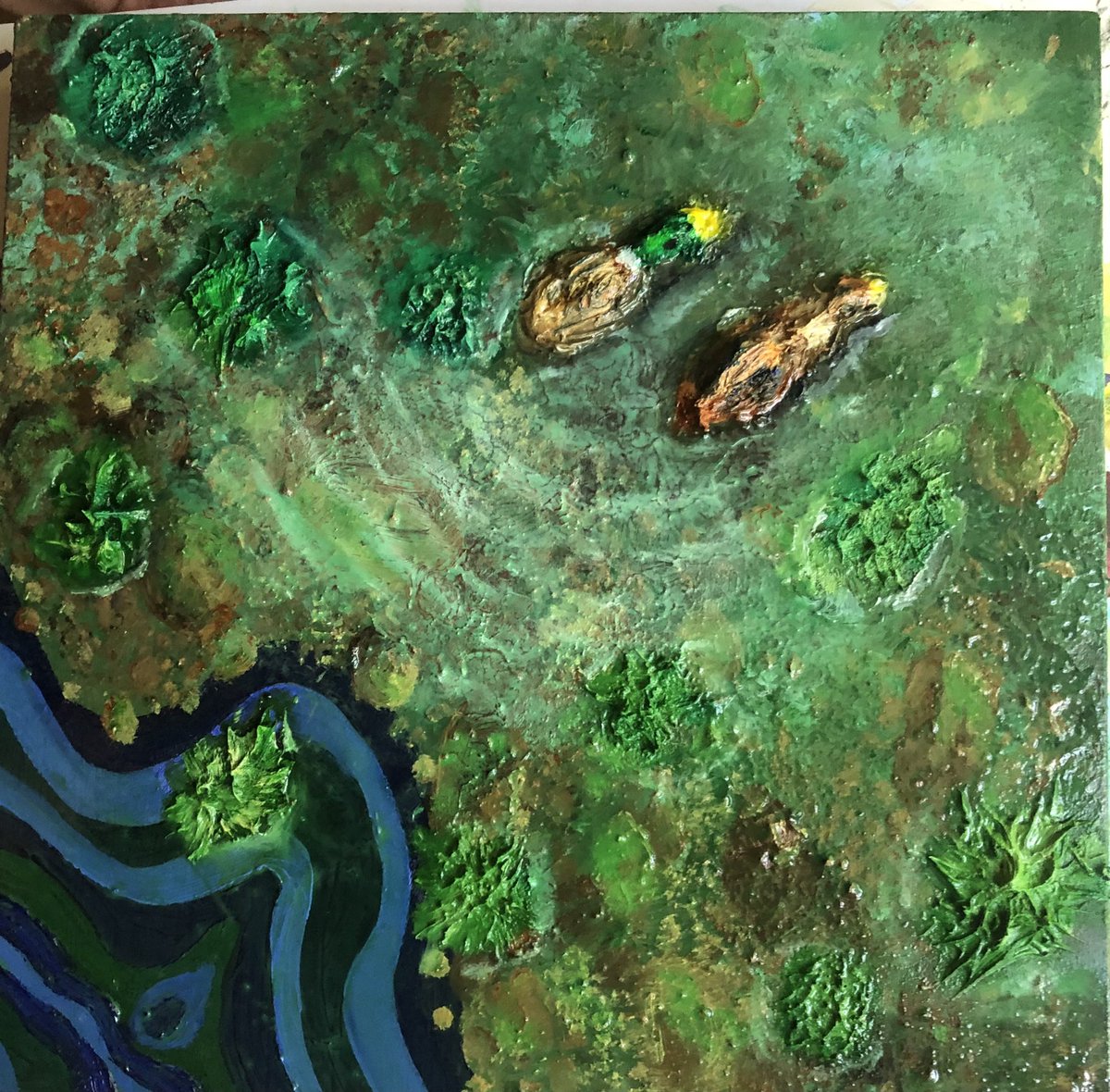 Cheyenne_A_B's tweet photo. My recently finished painting “mallards on a pond”. Oil and modeling medium on wooden panel. https://t.co/pDR7u0eNRR