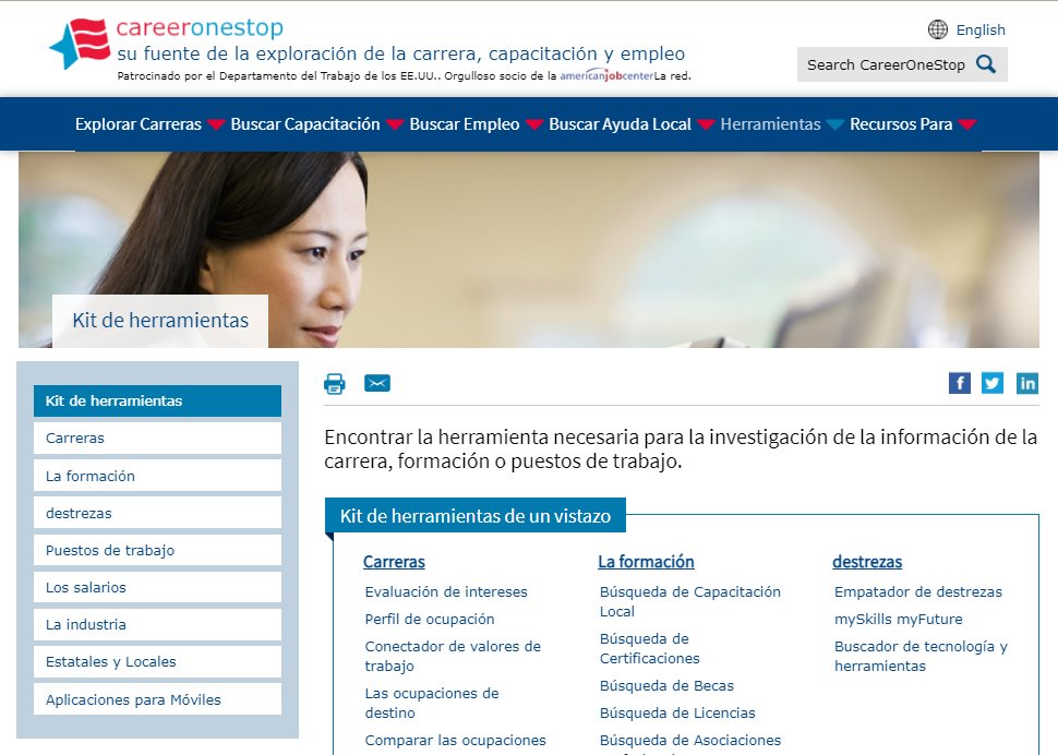 CareerOneStop's tools are available in Spanish! Visit: bit.ly/3vw9Iz6 to find the tool you need to research career information, training, or jobs. #instrumentos #tools #CajaDeHerramintasDeCOS #COSToolkit #RecursosDeCareerOneStop #COSResources #CareerOneStop