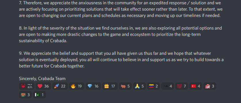 Dear Crabadians,

A message from the team.