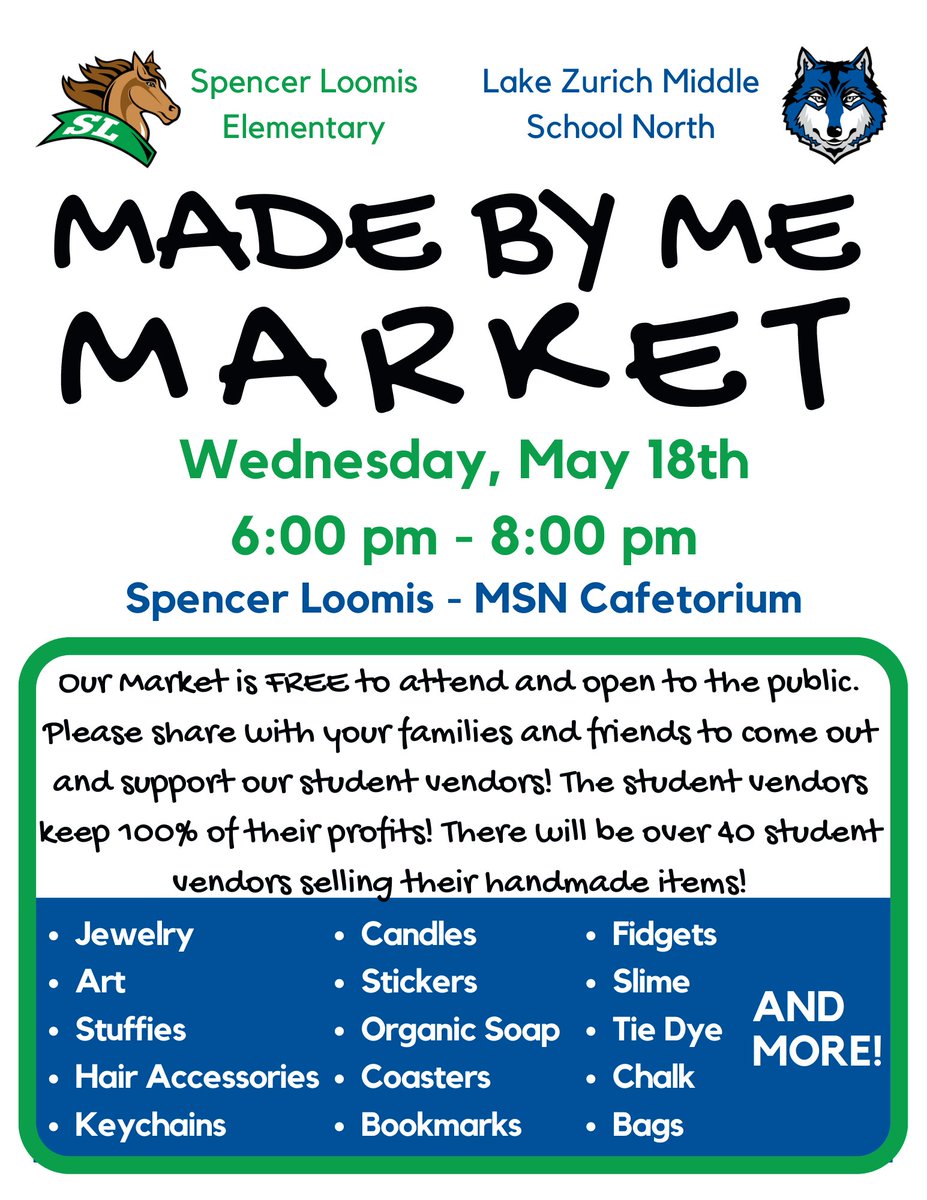 Tonight is the Night! The market runs from 6:00 pm to 8:00 pm. You may enter the school by the MSN Athletic Door (last door in the back parking lot on the Spencer Loomis side - labeled 'Athletic Door') or at MSN's front doors in the circle drive. Cash Sales only! @SandyAllenD95