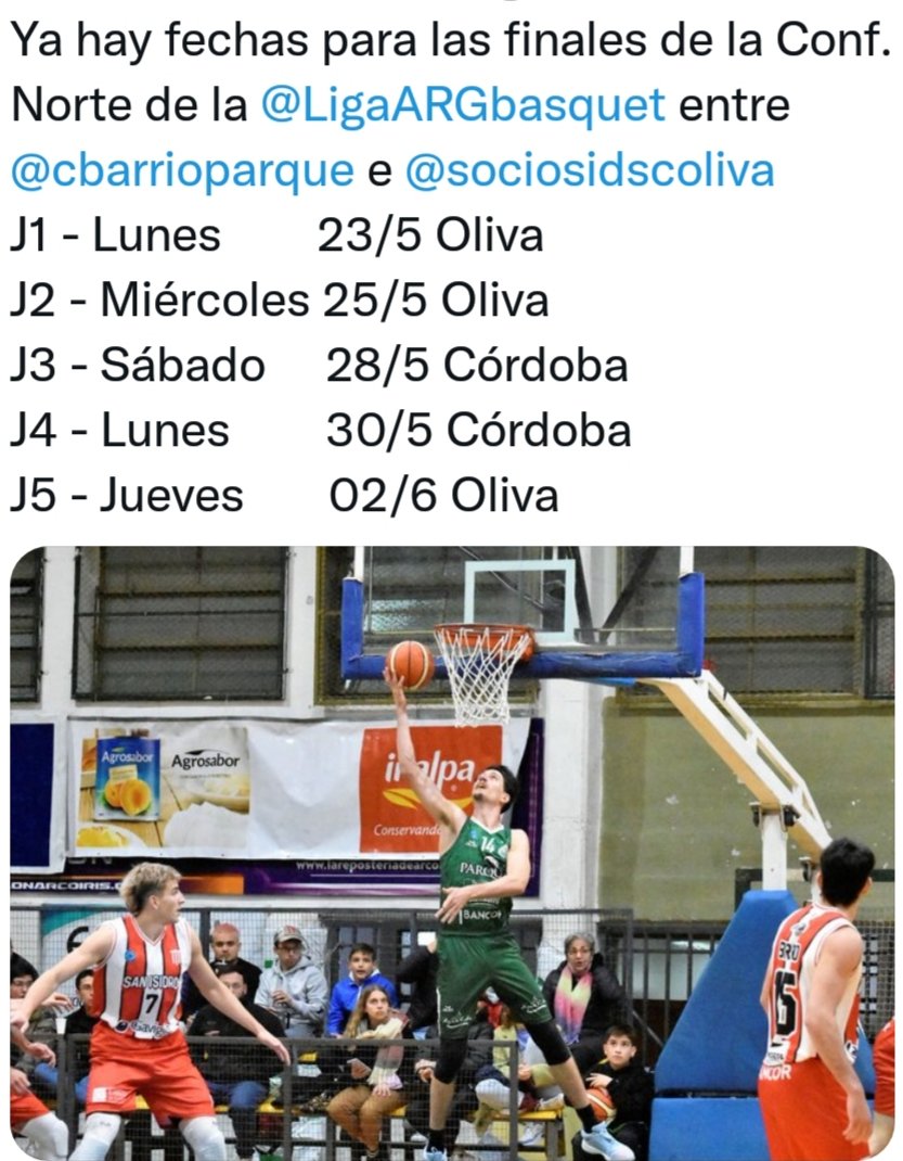 Se viene la final de la Conferencia Norte de la <a href="/LigaARGbasquet/">La Liga Argentina</a> entre <a href="/cbarrioparque/">Club Atlético Barrio Parque</a> con <a href="/sociosidscoliva/">INDEPENDIENTE OLIVA</a> 
<a href="/interbasquet/">Sergio Mamondi</a> <a href="/mchaijale/">Marcelo Chaijale</a> <a href="/radiobasquetcba/">RadioBasquet</a> <a href="/JPabloCasas/">JUAN PABLO CASAS</a> <a href="/Ferraricamvideo/">Luciano Ferrari</a> <a href="/HDeNapoli580/">Humberto De Napoli</a> <a href="/RubenDiliddo/">Rubén Di Liddo</a> <a href="/nachocadario/">Ignacio Cadario</a> @jpestela <a href="/DanielBasterra/">Daniel Basterra</a> <a href="/Hugomontivero12/">Hugo Montivero🇦🇷</a> <a href="/robertofmartin/">Roberto Martin</a>