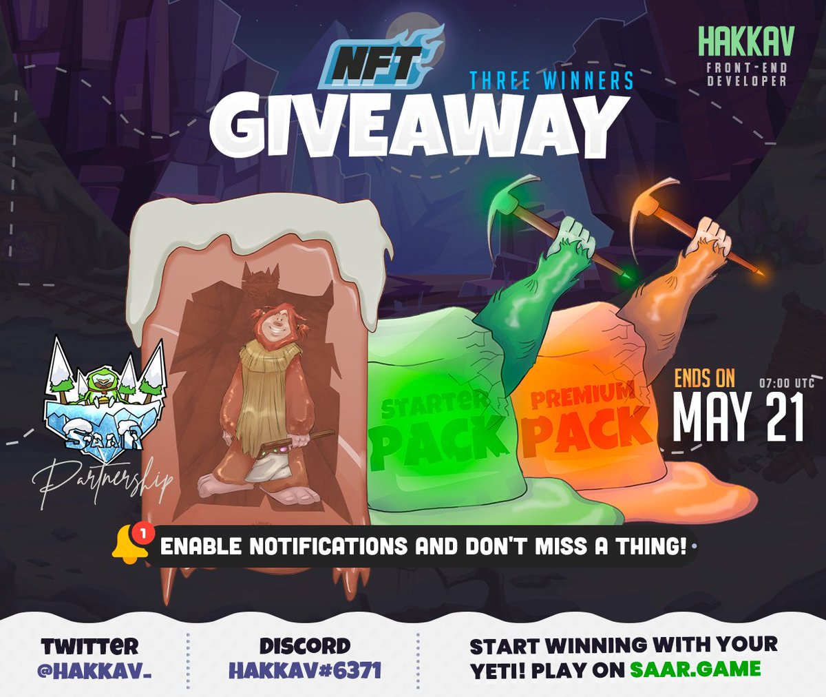 NFT GIVEAWAY: SaaR🎉
1️⃣Follow <a href="/hakkav_/">Hakkav</a>&amp; <a href="/SaaR_nft/">SaaR</a>
2️⃣Like, retweet and comment tagging +3 friends.
3️⃣Join discord.gg/HrssCDzT
🗓️Ends 21/05 07:00 UTC

Participate now, good luck!🦁#NFTCommunity #NFTGiveaway #WAXP #NFTProjects #NFTdrop #NFTcollectors #SolanaNFT #NFTArt