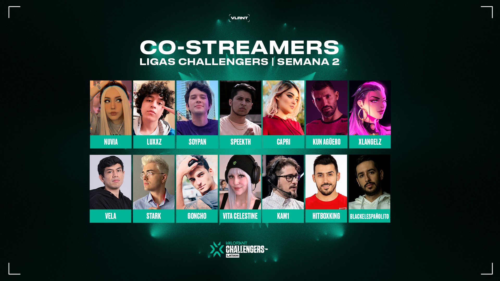 VALORANT Esports LATAM on X: Co-streamers Semana 2 #VCTLatam 📺 @Nuvia_OuO  📺 @luxxz_tv 📺 @SoyPan__ 📺 @Speekth 📺 @veelaskez 📺 @iGeStarK 📺  @gonchobanzas 📺 @vitacelestine 📺 @Kam1esports 📺 @HITBOXKING 📺  @BlackEspanolito 📺 @