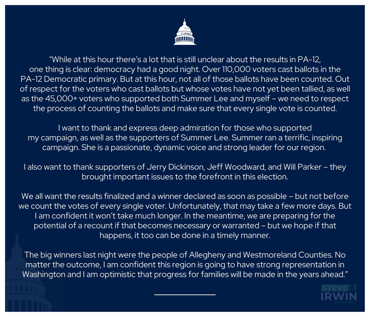 My statement on the #PA12 race: