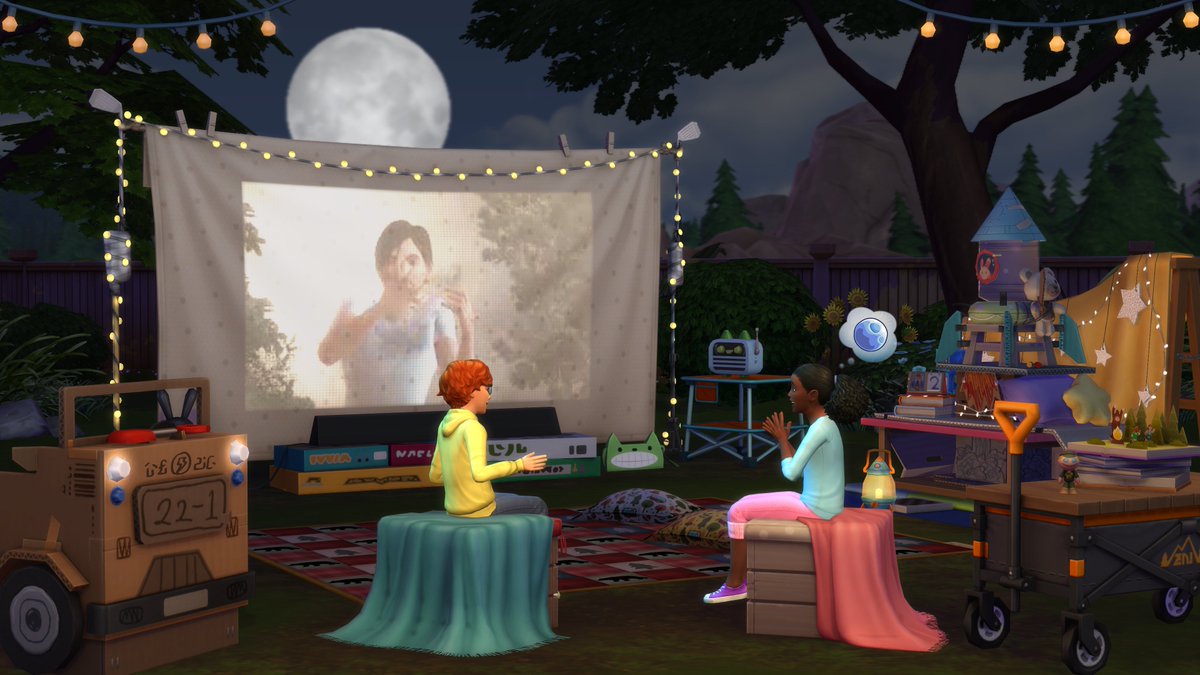 TheSims's tweet photo. Build your backyard for a night of creative family fun 🏕 With DIY toys, blanket-forts, &amp; even an outdoor projector made out of a bedsheet 😱, your kiddos can enjoy a cozy night at home with their friends in the #LitteCampersKit 🌚

Available May 26 ✨ https://t.co/HCcKvhdYAR