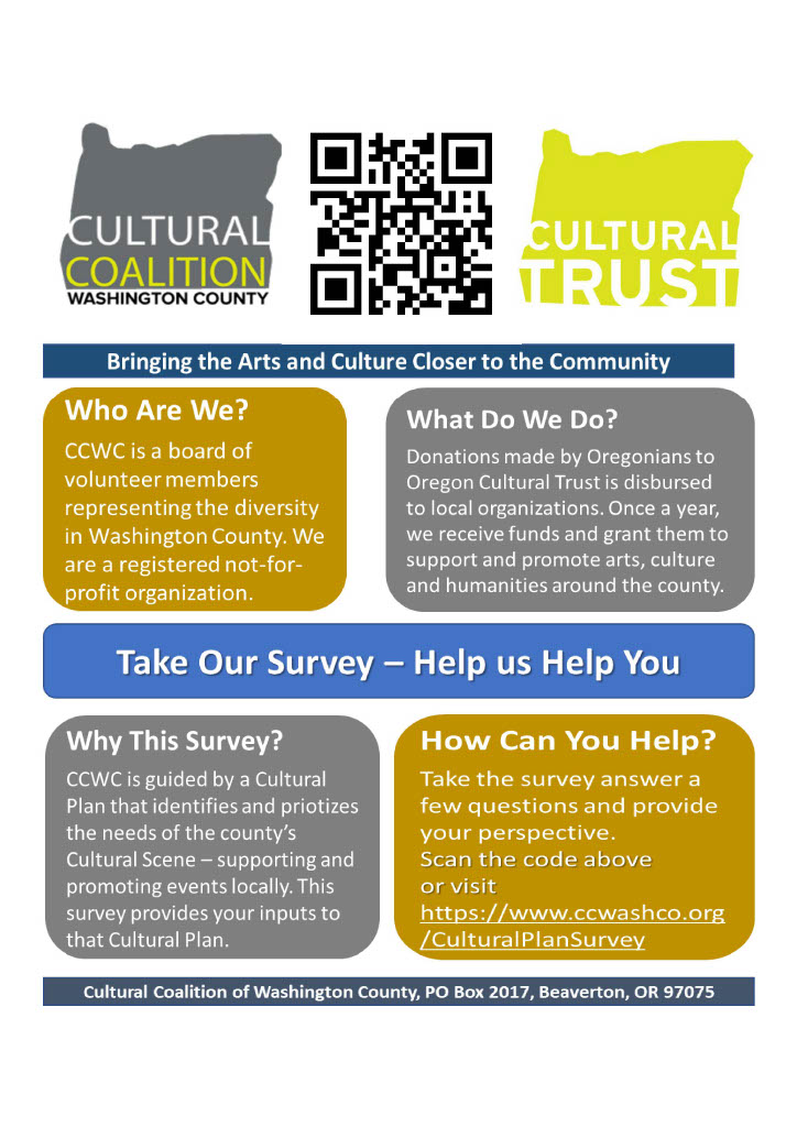 Washington County residents: please help the CCWC with our 2022-2027 Cultural Plan.  We need your help to learn what matters to you about the arts in Washington county.  Please access the survey at ccwashco.org/CulturalPlanSu…, and thank you for your help!