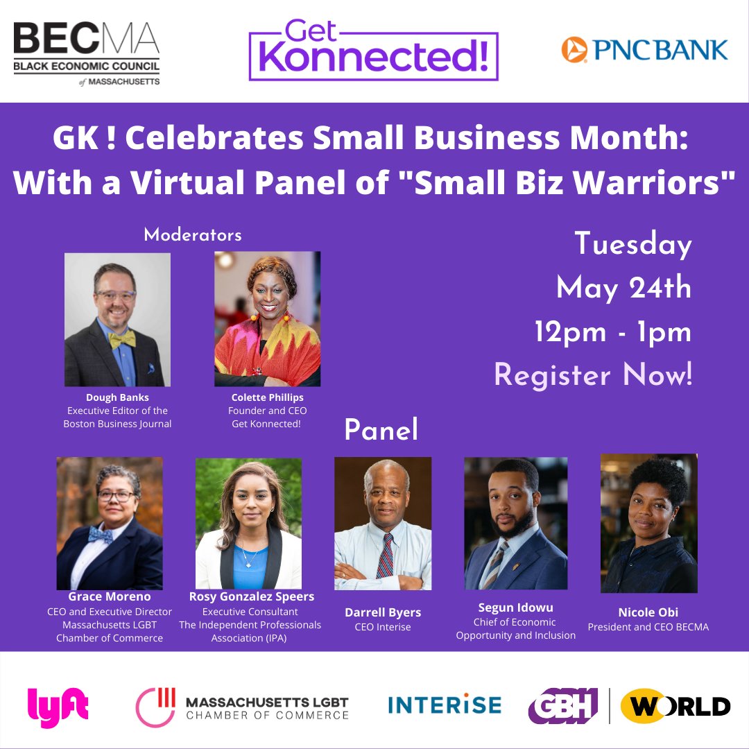 _GetKonnected's tweet photo. Executive Director of Massachusetts LGBT Chamber of Commerce, Grace Moreno will join a list of high ranking small business professionals on May 24th at the Get Konnected! Celebration for Small Businesses! #GetKonnected! #6days Register here: https://t.co/KKVJQ4U7Nt https://t.co/GhCURpVxjT
